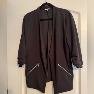 Black Open Front Blazer with Zipper Pockets